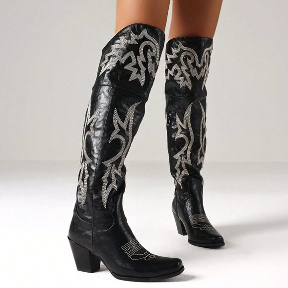 Black Women's Embroider Thigh High Western Cowboy block heels Boots - Picture 5 of 5